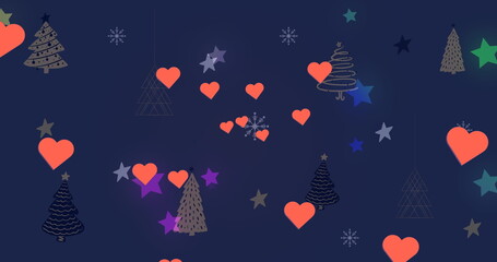 Image of hearts floating and christmas trees over blue background