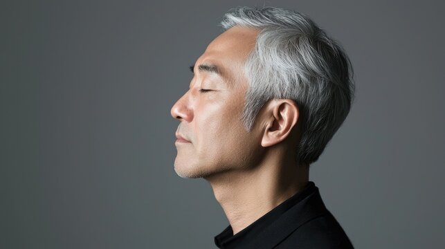 Photo of a mature, handsome Japanese man with gray hair, eyes closed in profile view on a gray background, with side lighting.generated ai