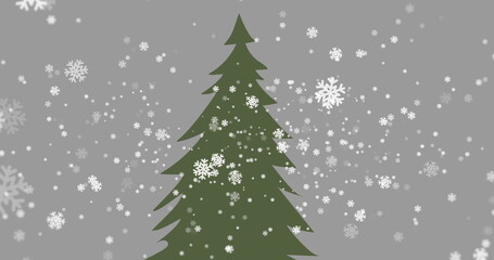 Image of snow falling over christmas tree on grey background