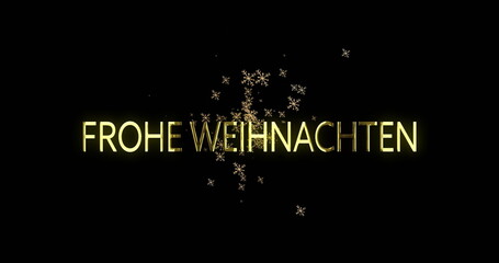 Image of frohe weihnachten text over snowflakes on black background at christmas