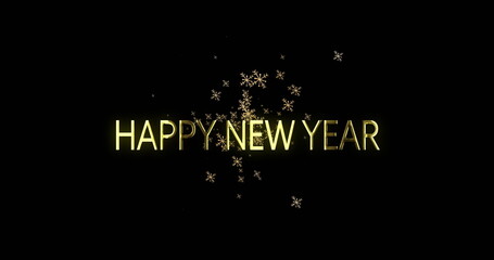 Image of happy new year text over snowflakes on black background