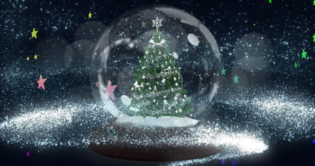 Blue shooting star over christmas tree in a snow globe against multiple colorful stars icons