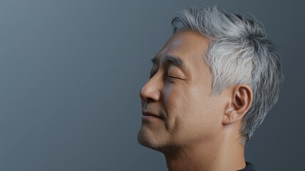 Fototapeta premium Photo of a mature, handsome Japanese man with gray hair, eyes closed in profile view on a gray background, with side lighting.generated ai 