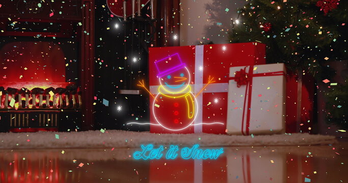Image of let it snow text and snowman in neon with confetti over christmas tree and presents - Powered by Adobe