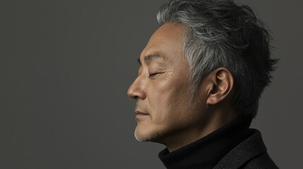 Obraz premium Photo of a mature, handsome Japanese man with gray hair, eyes closed in profile view on a gray background, with side lighting.generated ai 