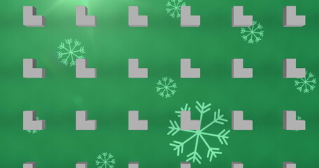 Image of 3d shapes in seamless pattern over snowflakes falling against green background