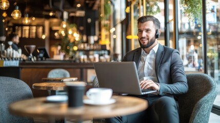 Fototapeta premium A businessman sitting in a modern coffee shop with a laptop and coffee, attending a virtual meeting or conference call. This scene is ideal for business, remote work, and productivity content. 