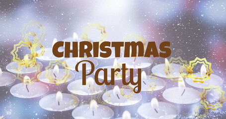 Image of snow and golden stars falling over christmas party text banner and burning candles
