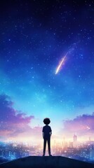 Fototapeta premium A Young Boy Stands in Awe Under a Starry Sky, Gazing at a Shooting Star Over a Vibrant Cityscape at Twilight, Illustrating Dreams and Aspirations