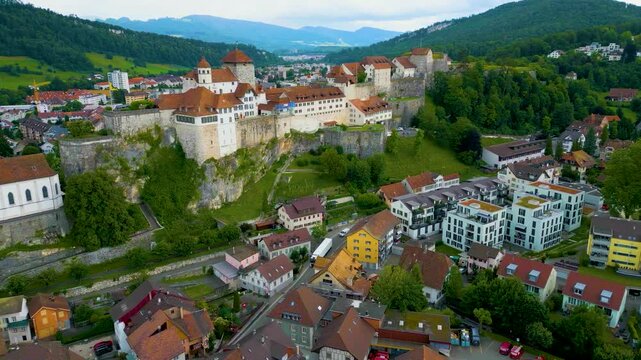 4K Drone Video of the Historic Festung Aarburg Castle and Reformierte Kirche Church in Aarburg, Switzerland