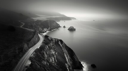 Coastal highway winding along dramatic cliffside, monochrome view.