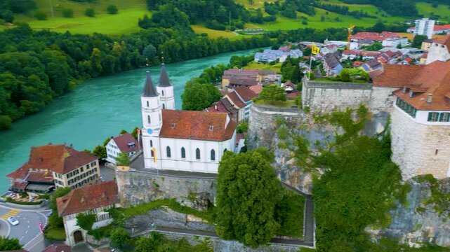 4K Drone Video of the Beautiful Festung Aarburg Castle and Reformierte Kirche Church along the Aare River in Aarburg, Switzerland