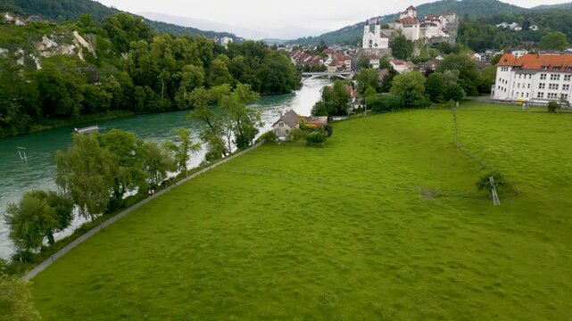 4K Drone Video of the Beautiful Aare River as it runs through the Aare Valley in Aarburg, Switzerland