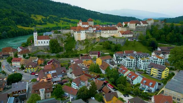 4K Drone Video of the Beautiful Festung Aarburg Castle and Reformierte Kirche Church along the Aare River in Aarburg, Switzerland