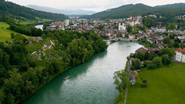 4K Drone Video of the Beautiful Aare River as it runs through the Aare Valley in Aarburg, Switzerland