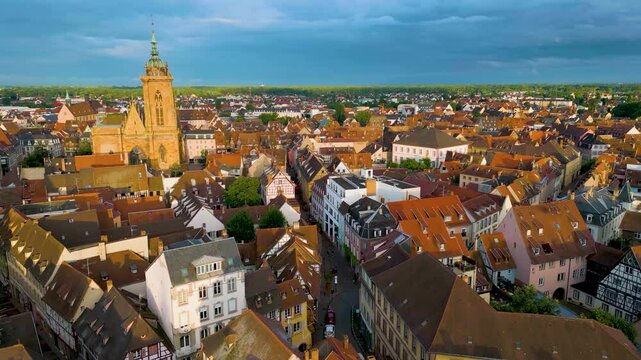 4K Aerial Drone Video of the Historic Coll&eacute;giale Saint-Martin de Colmar Church in Colmar, France