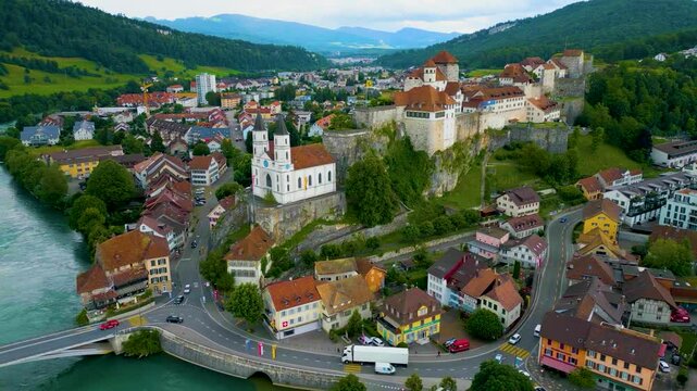 4K Drone Video of the Beautiful Festung Aarburg Castle and Reformierte Kirche Church along the Aare River in Aarburg, Switzerland