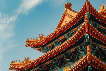 Fototapeta premium chinese temple roof with sky