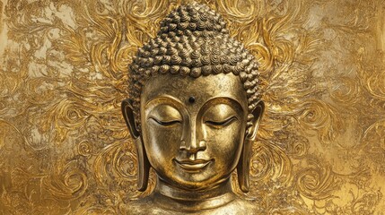 A serene gold Buddha statue framed by a golden background filled with detailed Thai patterns, symbolizing enlightenment and divine beauty.