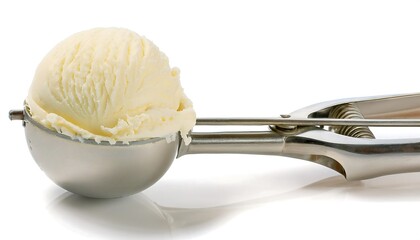 Vanilla ice cream scoop on a silver utensil, isolated on white.