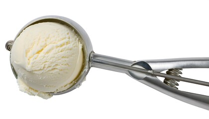 Vanilla ice cream scoop on a silver utensil, isolated on white.