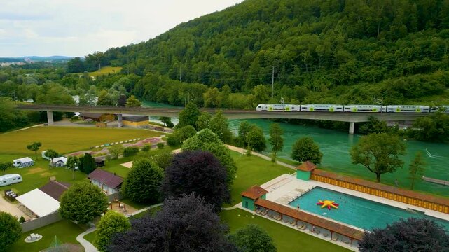 4K Drone Video of the High-Speed Train Crossing the Aare River in Aarburg, Switzerland