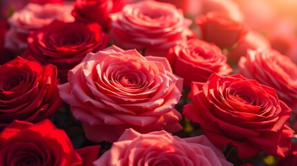 Obraz premium A breathtaking bouquet of crimson and pink roses, bathed in warm sunlight. Romantic and vibrant, a symbol of love and beauty.