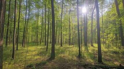 Obraz premium Panoramic view of a serene forest with sunlight filtering through tall trees, creating vibrant light patterns on the ground, evoking tranquility and natural harmony