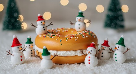 Snowman in a Traditional Christmas cake with fruits and nuts on a light table and light background. Dessert for the winter holidays. Christmas decorations and lights. Copyspace