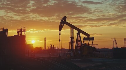 Silhouette of an oil pumpjack against a sunset backdrop in an industrial landscape.