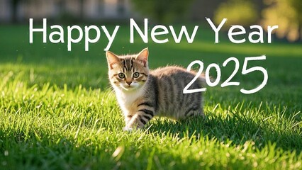 The kitten is playing happily on the grass, with English words "Happy New Year" and "2025" in the background. Realistic photos, they are on one side of the photo, with a panoramic composition,