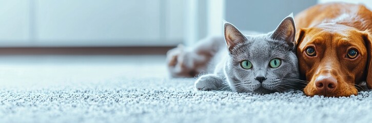 Fototapeta na wymiar Close-up of a cat and dog resting on a soft rug
