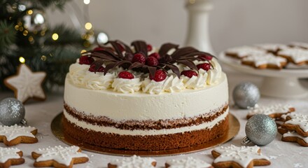 Traditional Christmas cake with fruits and nuts on a light table and light background. Dessert for the winter holidays. Christmas decorations and lights