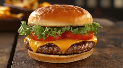 A close-up of a juicy, fresh hamburger with melted cheese, lettuce, and tomato, placed on a rustic wooden table. This image works well for food blogs, fast food marketing, or casual dining content. 