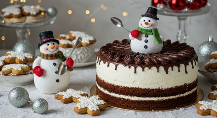 Snowman in a Traditional Christmas cake with fruits and nuts on a light table and light background. Dessert for the winter holidays. Christmas decorations and lights