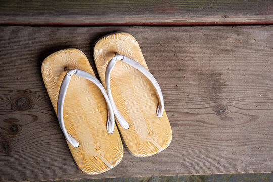Horizontal image of white zori sandals in Japan.