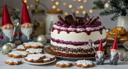 Gnome sitting on a Cake, Traditional Christmas cake with fruits and nuts on a light table and light background. Dessert for the winter holidays. Christmas decorations and lights