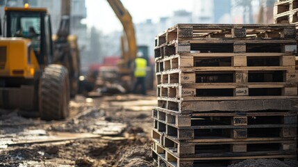 Fototapeta premium A stack of pallets neatly organized on a construction site, with workers assembling materials and heavy machinery in the background.