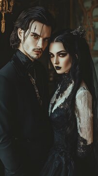 28. A couple dressed as a classic vampire and a gothic bride, standing together at a Halloween party