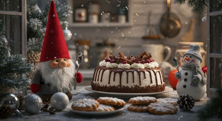 Gnome sitting on a Cake, Traditional Christmas cake with fruits and nuts on a light table and light background. Dessert for the winter holidays. Christmas decorations and lights