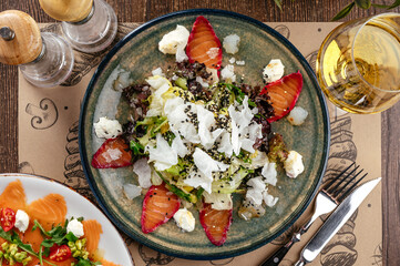 seafood salad with greens and feta cheese