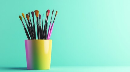 Colorful paintbrushes in a vibrant yellow and purple cup against a teal background.
