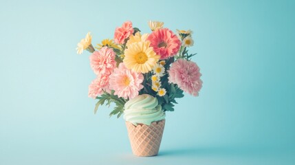 Obraz premium Pastel flowers in ice cream cone on blue.