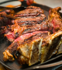 Grilled beef steak, close-up, selective focus