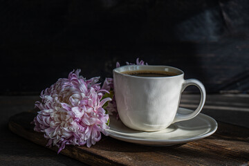 Morning coffee and fresh Chrysanthemums