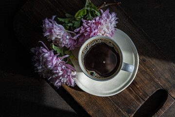 Morning coffee and fresh Chrysanthemums