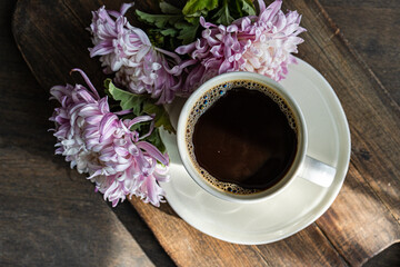 Morning coffee and fresh Chrysanthemums