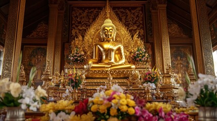 Fototapeta premium A stunning Buddha gold statue set against a rich golden background with intricate Thai patterns, symbolizing peace and tranquility.