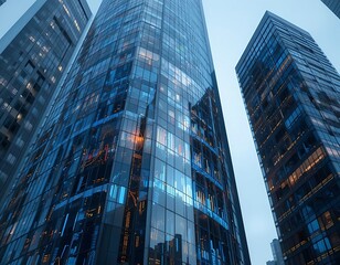 Fototapeta premium A digital skyscraper with charts and graphs reflecting on its surface