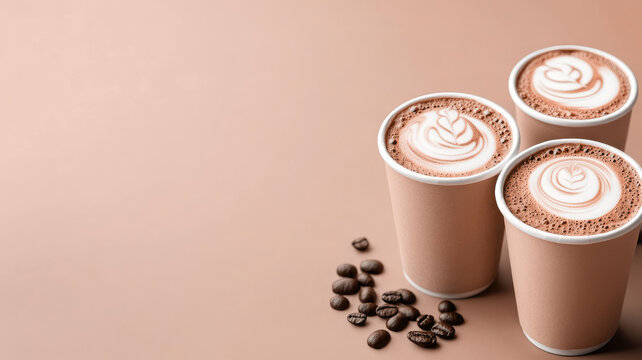 Three coffee cups with latte art on beige background